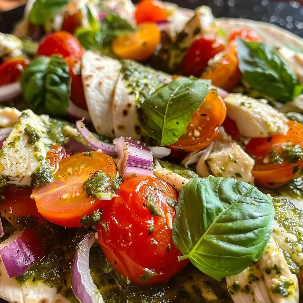 ['Close-up of Bruschetta Chicken Pesto Wraps showcasing shredded chicken and vibrant toppings.', 'Side view of a colorful Bruschetta Chicken Pesto Wrap filled with diced tomatoes and mozzarella.', 'Juicy Bruschetta Chicken Pesto Wraps with fresh ingredients, highlighting pesto and basil.', 'Deliciously arranged Bruschetta Chicken Pesto Wrap featuring a medley of chicken, pesto, and veggies.']