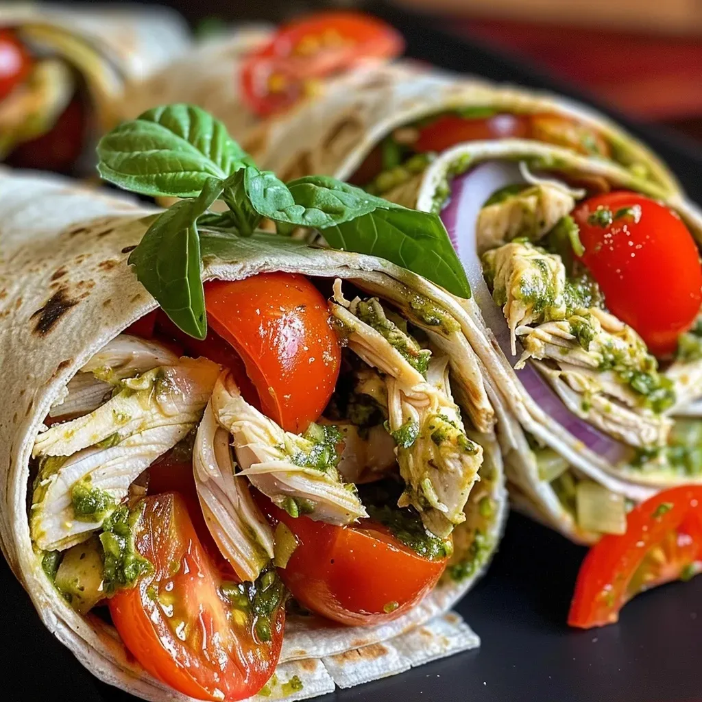 ['Close-up view of Bruschetta Chicken Pesto Wraps filled with colorful ingredients.', 'Side view of a juicy Bruschetta Chicken Pesto Wrap showcasing layers of chicken, pesto, and tomatoes.', 'Detailed image of a Bruschetta Chicken Pesto Wrap with visible layers of cheese, chicken, and fresh basil.', 'Vibrant Bruschetta Chicken Pesto Wraps arranged on a plate, highlighting fresh tomatoes and herbs.']