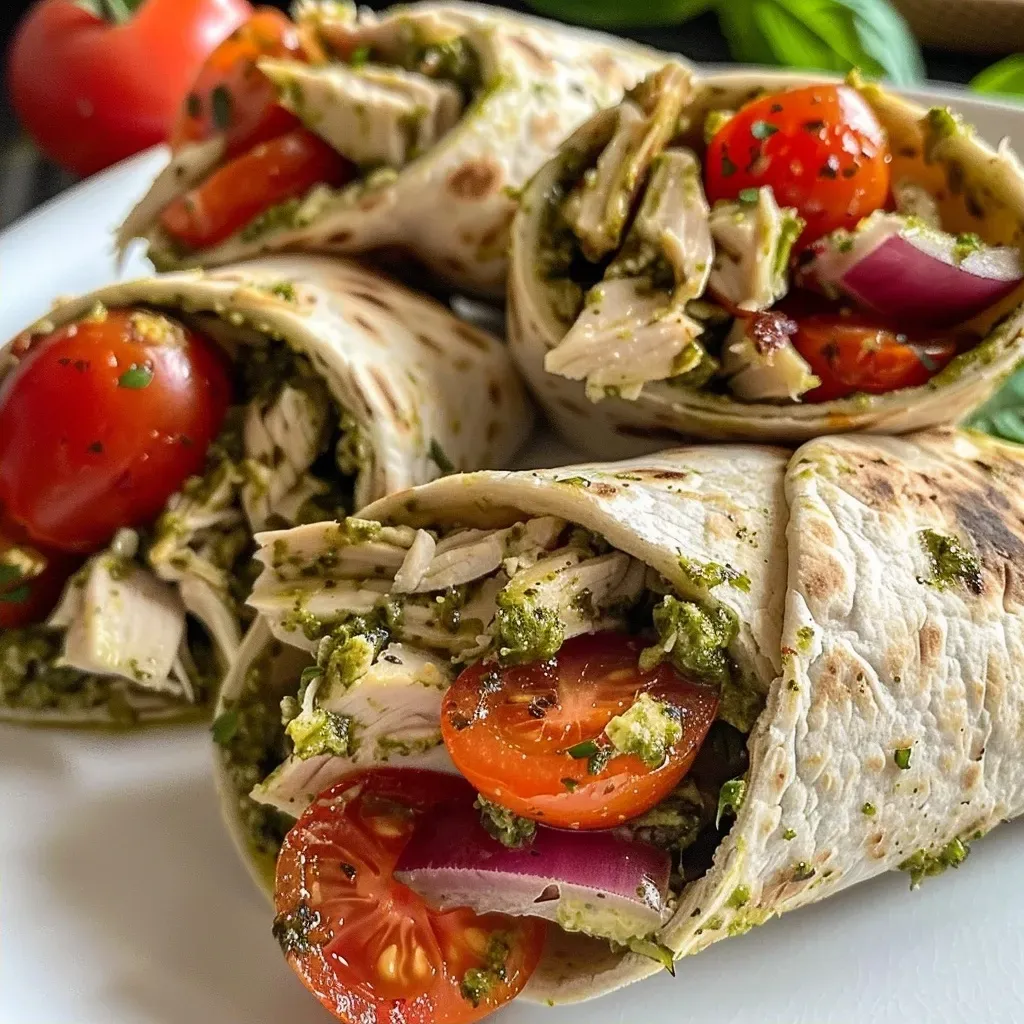['Close-up of Bruschetta Chicken Pesto Wraps showcasing shredded chicken and vibrant toppings.', 'Side view of a colorful Bruschetta Chicken Pesto Wrap filled with diced tomatoes and mozzarella.', 'Juicy Bruschetta Chicken Pesto Wraps with fresh ingredients, highlighting pesto and basil.', 'Deliciously arranged Bruschetta Chicken Pesto Wrap featuring a medley of chicken, pesto, and veggies.']