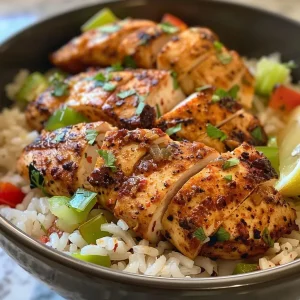 ['Close-up view of a Cajun chicken and rice bowl, showcasing juicy chicken, rice, and colorful vegetables.', 'Side perspective of a delicious Cajun chicken and rice bowl filled with seasoned chicken, rice, and fresh veggies.', 'Detailed shot of a Cajun chicken rice bowl, highlighting the tender chicken, creamy sauce, and vibrant ingredients.', 'Close-up image of Cajun chicken and rice bowl, featuring a mix of chicken, rice, and chopped vegetables in a rustic bowl.']