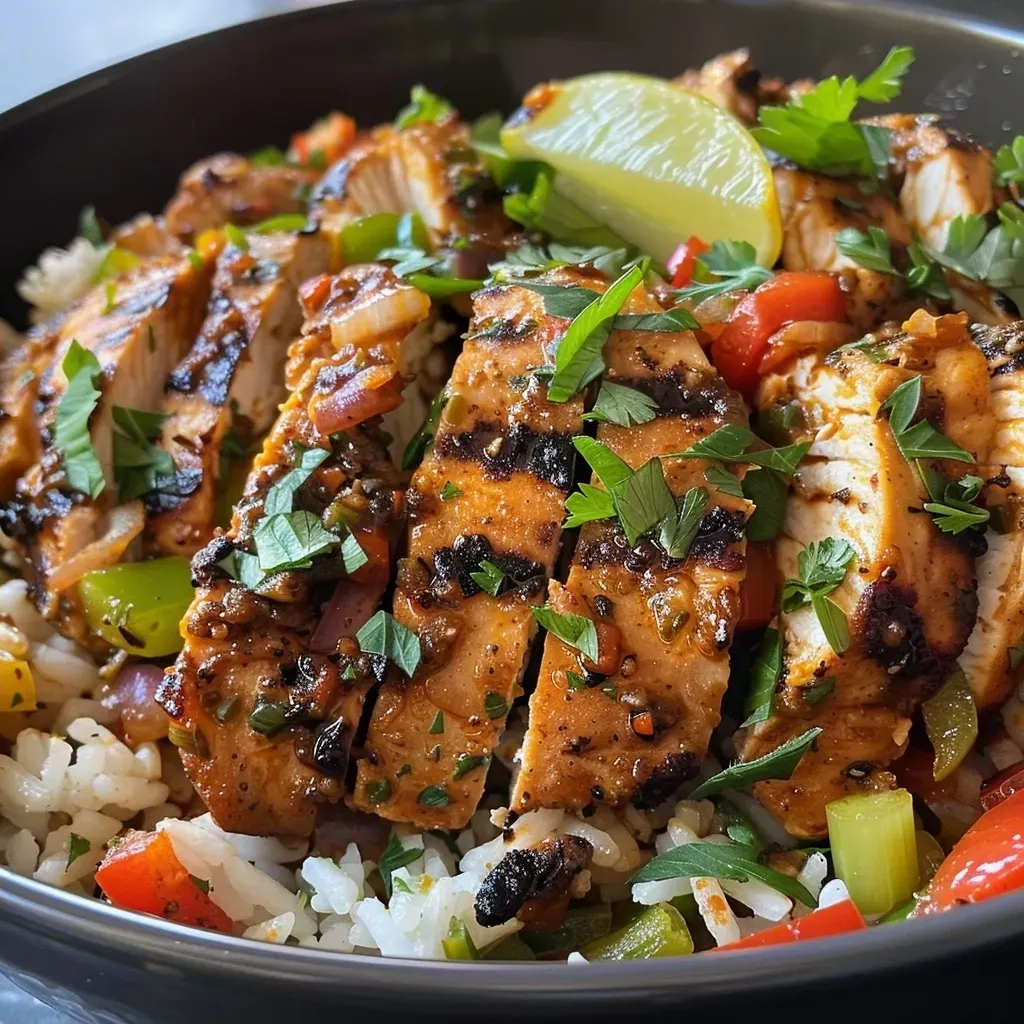 ['Close-up view of a Cajun chicken and rice bowl, showcasing juicy chicken, rice, and colorful vegetables.', 'Side perspective of a delicious Cajun chicken and rice bowl filled with seasoned chicken, rice, and fresh veggies.', 'Detailed shot of a Cajun chicken rice bowl, highlighting the tender chicken, creamy sauce, and vibrant ingredients.', 'Close-up image of Cajun chicken and rice bowl, featuring a mix of chicken, rice, and chopped vegetables in a rustic bowl.']