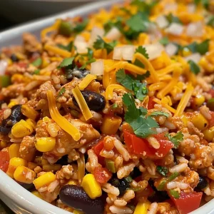 ['Close-up of Cheesy Chicken Taco Rice with colorful ingredients topped with melted cheese.', 'Side view of a bowl filled with Cheesy Chicken Taco Rice, showcasing layers of rice, chicken, and cheese.', 'Juicy Cheesy Chicken Taco Rice in a bowl, featuring black beans and diced vegetables.', 'Delicious Cheesy Chicken Taco Rice garnished with cilantro, highlighting its vibrant colors.']