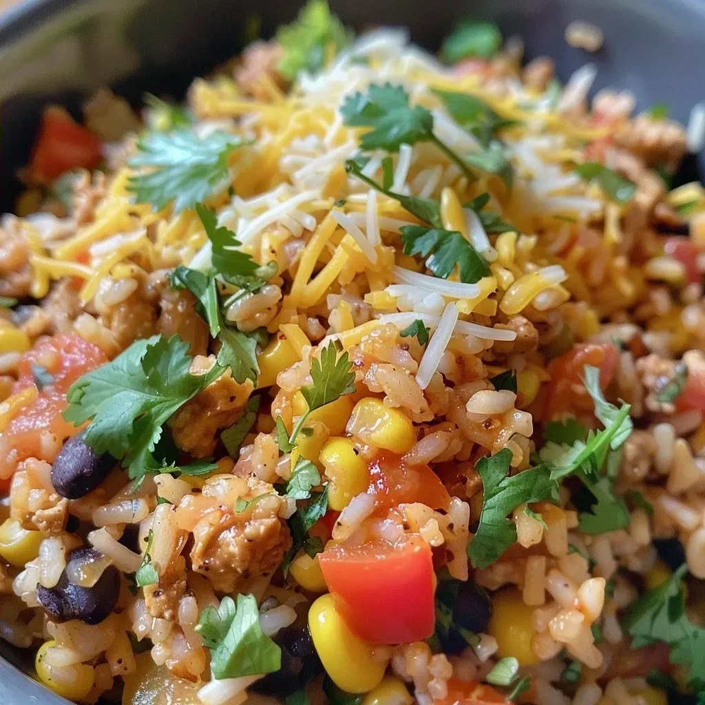 ['Close-up of Cheesy Chicken Taco Rice with colorful ingredients topped with melted cheese.', 'Side view of a bowl filled with Cheesy Chicken Taco Rice, showcasing layers of rice, chicken, and cheese.', 'Juicy Cheesy Chicken Taco Rice in a bowl, featuring black beans and diced vegetables.', 'Delicious Cheesy Chicken Taco Rice garnished with cilantro, highlighting its vibrant colors.']