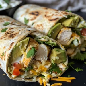 ['Close-up of a Chicken Avocado Ranch Burrito with fresh ingredients.', 'Side view of a juicy Chicken Avocado Ranch Burrito on a wooden surface.', 'Deliciously layered Chicken Avocado Ranch Burrito showcasing chicken and avocado.', 'Tasty Chicken Avocado Ranch Burrito filled with ranch dressing and cheese.']