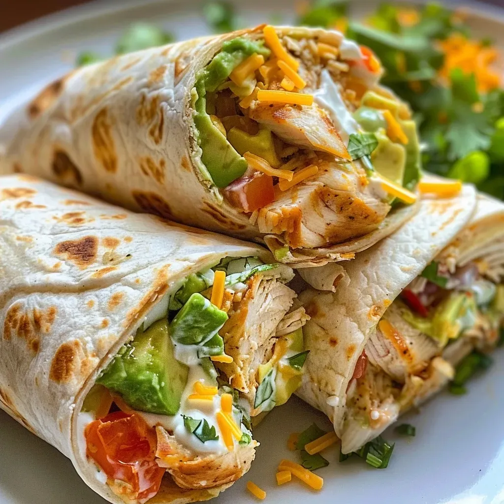 ['Close-up of a Chicken Avocado Ranch Burrito with fresh ingredients.', 'Side view of a juicy Chicken Avocado Ranch Burrito on a wooden surface.', 'Deliciously layered Chicken Avocado Ranch Burrito showcasing chicken and avocado.', 'Tasty Chicken Avocado Ranch Burrito filled with ranch dressing and cheese.']
