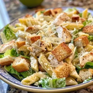 Close-up view of a Chicken Caesar Pasta Salad with vibrant ingredients.