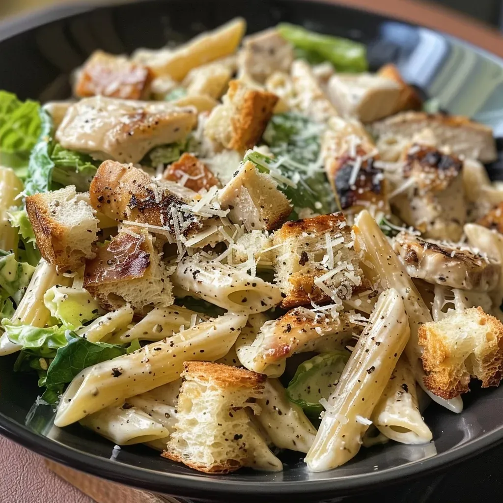 Close-up view of a Chicken Caesar Pasta Salad with vibrant ingredients.