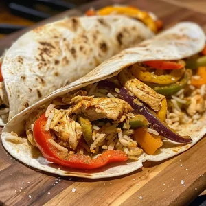 ['A close-up of a Chicken Fajitas Wrap filled with colorful peppers and chicken.', 'Side view of a juicy Chicken Fajitas Wrap showcasing the vibrant ingredients inside.', 'A delicious Chicken Fajitas Wrap with layers of chicken, cheese, and vegetables.', 'An appetizing Chicken Fajitas Wrap displaying a medley of colors from peppers and onions.']