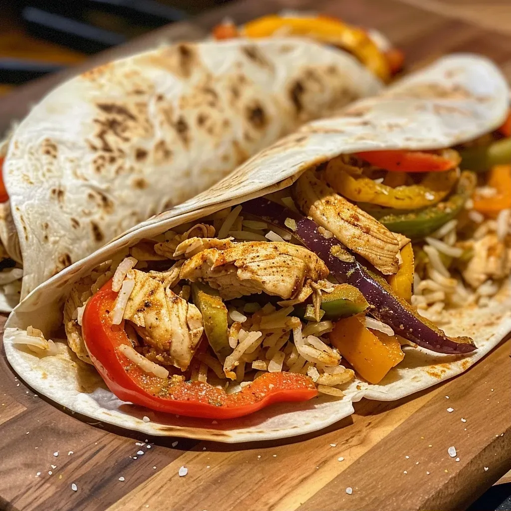 ['Close-up view of a juicy Chicken Fajitas Wrap with colorful peppers and cheese.', 'A side perspective of a Chicken Fajitas Wrap filled with chicken, peppers, and sour cream.', 'Delicious Chicken Fajitas Wrap showcasing vibrant ingredients and melted cheese.', 'Succulent Chicken Fajitas Wrap featuring sliced peppers and a rich cheese topping.']