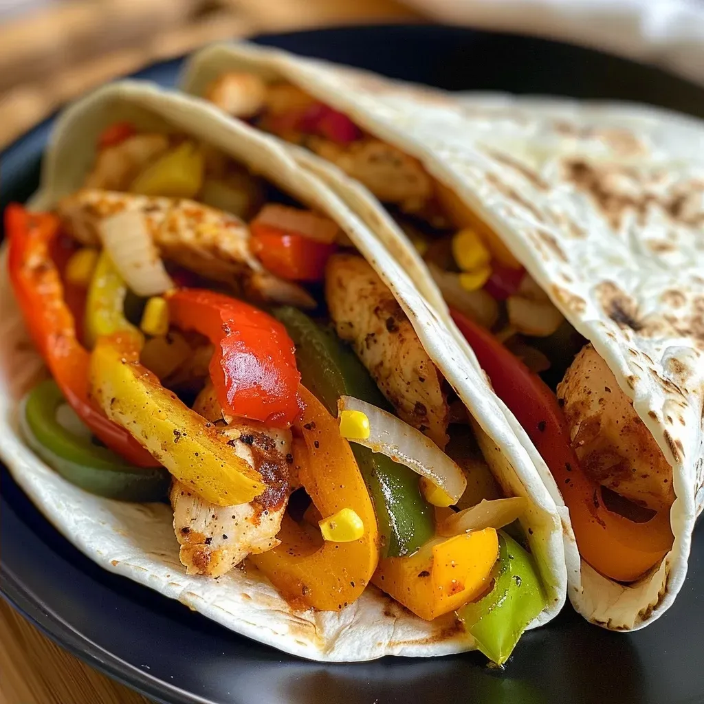 ['Close-up view of a juicy Chicken Fajitas Wrap with colorful peppers and cheese.', 'A side perspective of a Chicken Fajitas Wrap filled with chicken, peppers, and sour cream.', 'Delicious Chicken Fajitas Wrap showcasing vibrant ingredients and melted cheese.', 'Succulent Chicken Fajitas Wrap featuring sliced peppers and a rich cheese topping.']