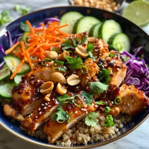['A close-up side view of a Chicken Quinoa Bowl, featuring vibrant ingredients and a coconut lime drizzle.', 'Juicy Chicken Quinoa Bowl with shredded carrots, red cabbage, and a drizzle of coconut lime sauce.', 'A colorful Chicken Quinoa Bowl displayed with fresh vegetables and a coconut lime drizzle in a bowl.', 'Side view of a Chicken Quinoa Bowl, showcasing grilled chicken, quinoa, and a sprinkle of peanuts.']
