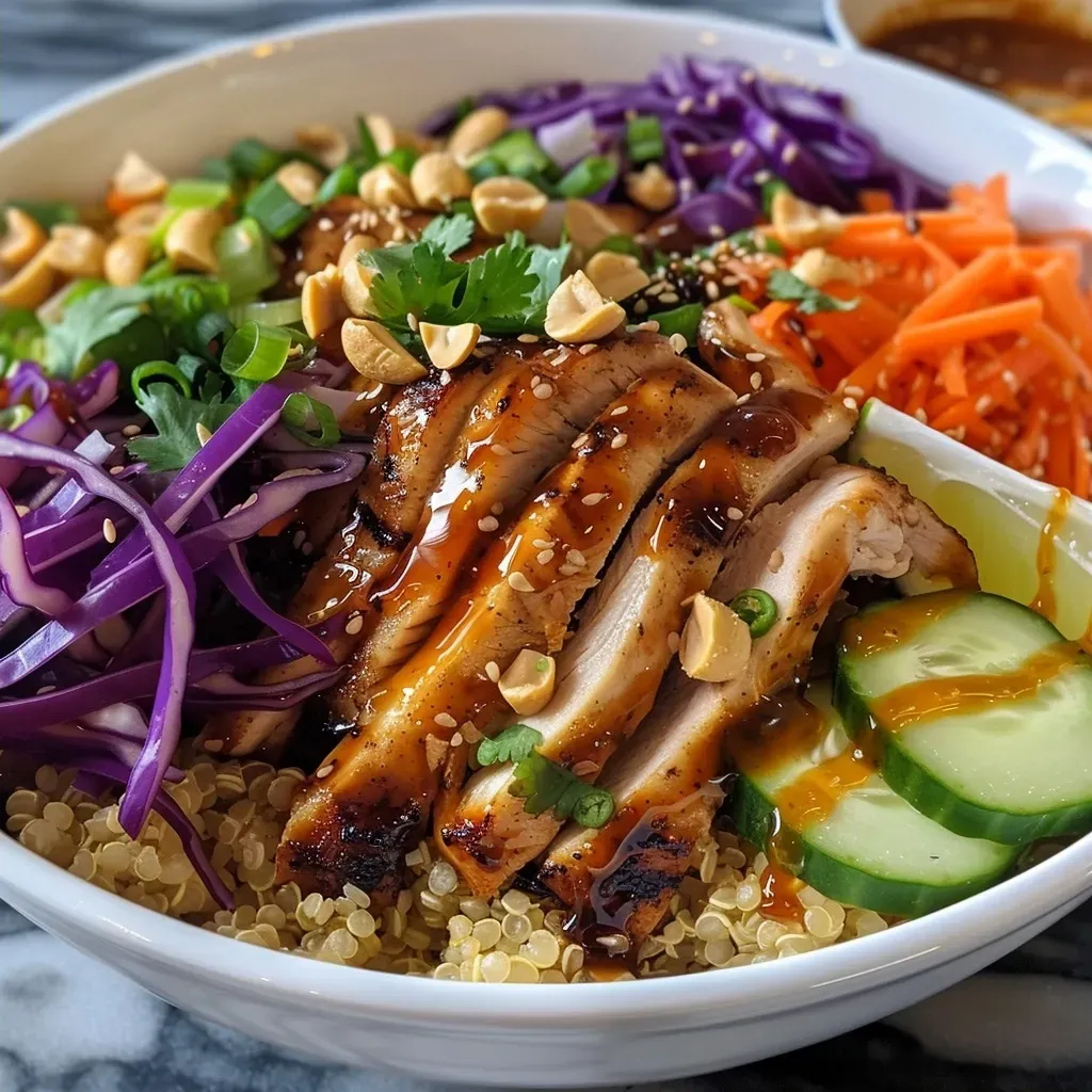 ['A close-up side view of a Chicken Quinoa Bowl, featuring vibrant ingredients and a coconut lime drizzle.', 'Juicy Chicken Quinoa Bowl with shredded carrots, red cabbage, and a drizzle of coconut lime sauce.', 'A colorful Chicken Quinoa Bowl displayed with fresh vegetables and a coconut lime drizzle in a bowl.', 'Side view of a Chicken Quinoa Bowl, showcasing grilled chicken, quinoa, and a sprinkle of peanuts.']