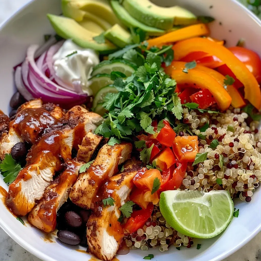 ['A vibrant Chicken Quinoa Burrito Bowl with colorful ingredients arranged artfully.', 'Close-up view of a delicious Chicken Quinoa Burrito Bowl, showcasing fresh toppings and grains.', 'A side view of a Chicken Quinoa Burrito Bowl filled with chicken, quinoa, and colorful vegetables.', 'A hearty Chicken Quinoa Burrito Bowl, featuring juicy chicken and an array of fresh toppings.']