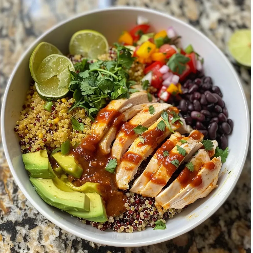 ['A vibrant Chicken Quinoa Burrito Bowl with colorful ingredients arranged artfully.', 'Close-up view of a delicious Chicken Quinoa Burrito Bowl, showcasing fresh toppings and grains.', 'A side view of a Chicken Quinoa Burrito Bowl filled with chicken, quinoa, and colorful vegetables.', 'A hearty Chicken Quinoa Burrito Bowl, featuring juicy chicken and an array of fresh toppings.']