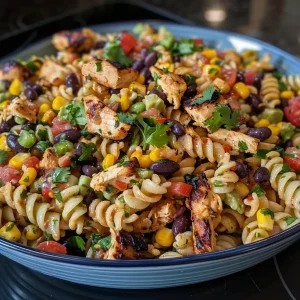 ['Close-up view of a vibrant Chicken Taco Pasta Salad with colorful ingredients.', 'A bowl of Chicken Taco Pasta Salad featuring grilled chicken, pasta, and fresh toppings.', 'Side view of a delicious Chicken Taco Pasta Salad showcasing pasta and vegetables.', 'Juicy Chicken Taco Pasta Salad in a bowl, with visible grilled chicken and toppings.']