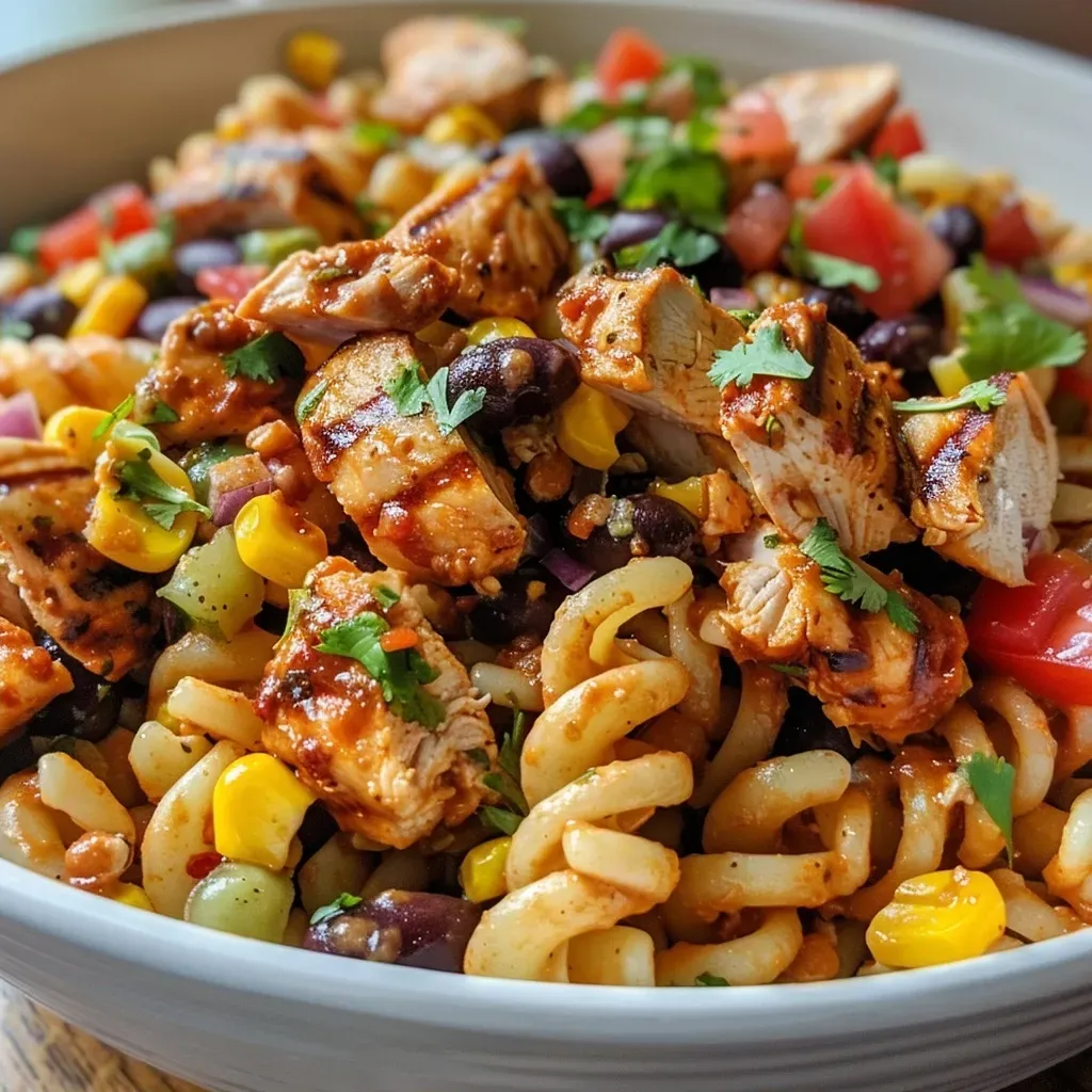 ['Close-up view of a vibrant Chicken Taco Pasta Salad with colorful ingredients.', 'A bowl of Chicken Taco Pasta Salad featuring grilled chicken, pasta, and fresh toppings.', 'Side view of a delicious Chicken Taco Pasta Salad showcasing pasta and vegetables.', 'Juicy Chicken Taco Pasta Salad in a bowl, with visible grilled chicken and toppings.']