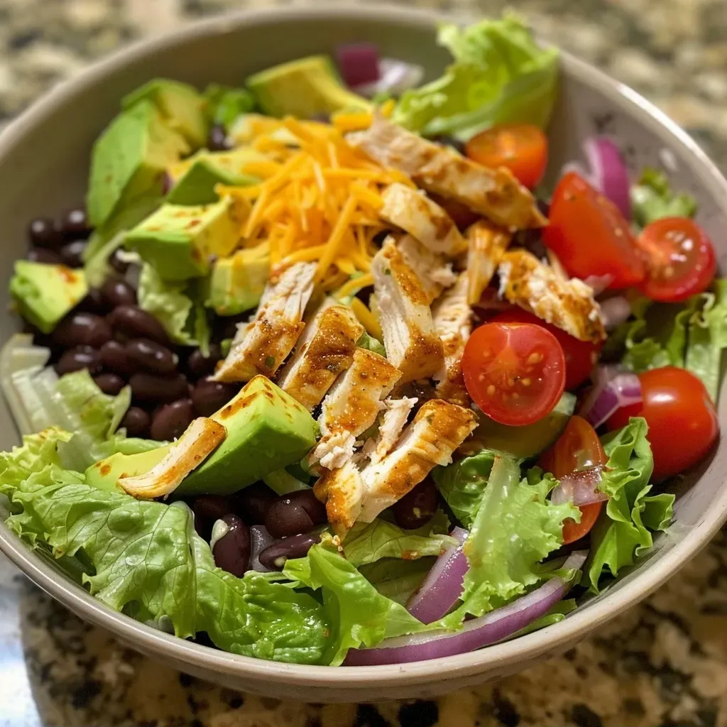 ['Close-up of a colorful Chicken Taco Salad featuring fresh ingredients.', 'Side view of a Chicken Taco Salad with layers of lettuce, chicken, and toppings.', 'Juicy Chicken Taco Salad showcasing vibrant vegetables and creamy avocado slices.', 'Detailed shot of a Chicken Taco Salad with black beans, cherry tomatoes, and cheese.']