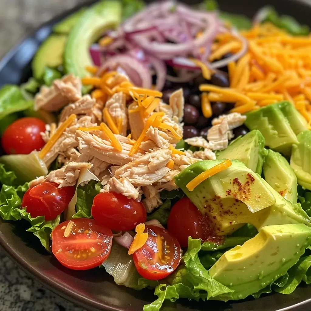 ['Close-up of a colorful Chicken Taco Salad featuring fresh ingredients.', 'Side view of a Chicken Taco Salad with layers of lettuce, chicken, and toppings.', 'Juicy Chicken Taco Salad showcasing vibrant vegetables and creamy avocado slices.', 'Detailed shot of a Chicken Taco Salad with black beans, cherry tomatoes, and cheese.']