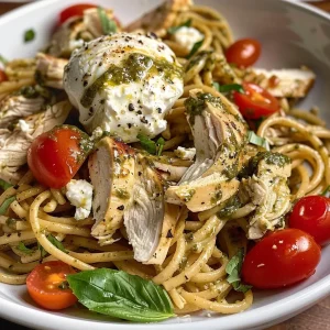 ['Close-up view of Chicken Tomato Pesto Burrata Pasta with vibrant colors.', 'Delicious plate of pasta featuring chicken, tomatoes, and creamy burrata.', 'A side view showcasing Chicken Tomato Pesto Burrata Pasta garnished with basil.', 'Appetizing close-up of pasta dish with chicken and pesto, highlighting burrata.']