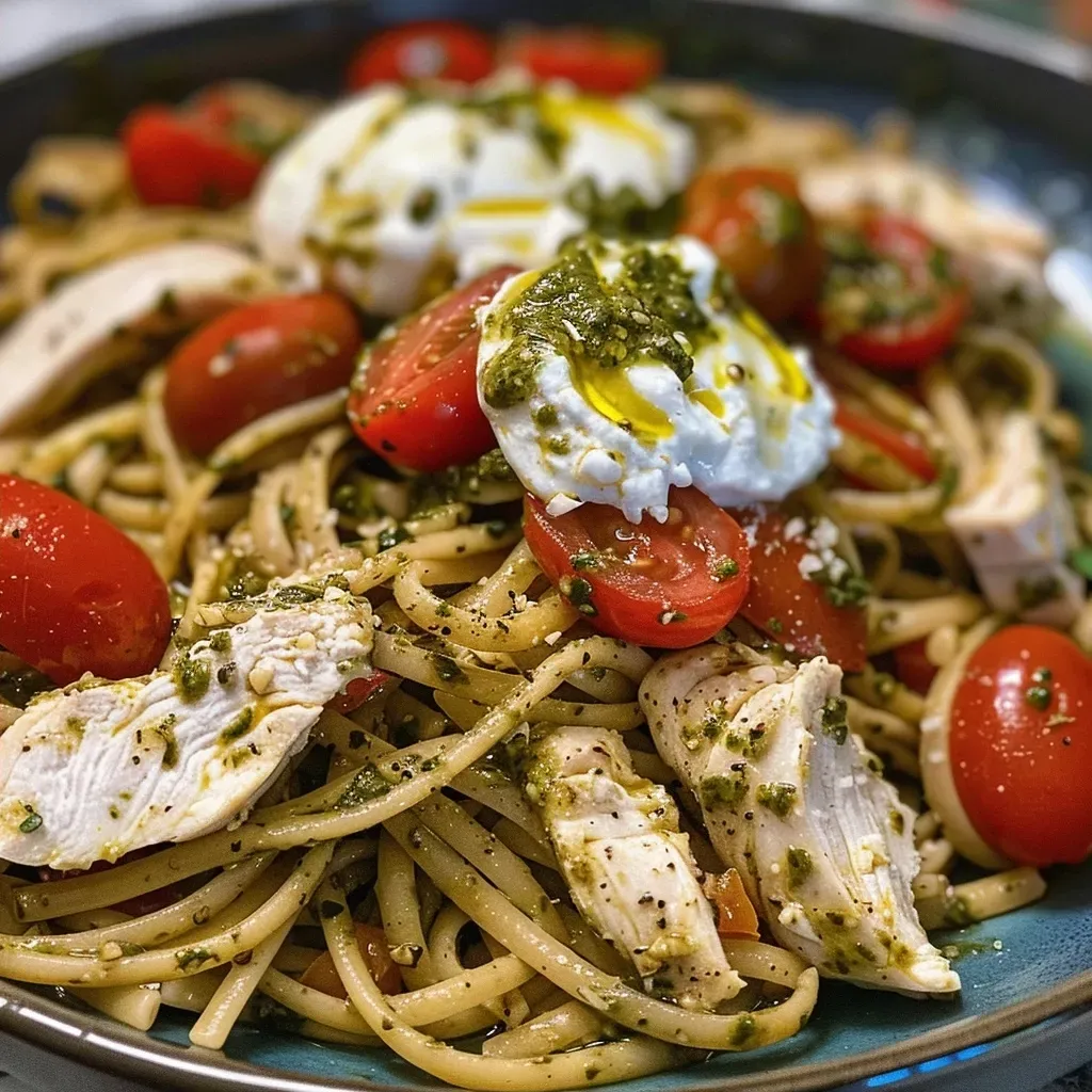 ['Close-up view of Chicken Tomato Pesto Burrata Pasta with vibrant colors.', 'Delicious plate of pasta featuring chicken, tomatoes, and creamy burrata.', 'A side view showcasing Chicken Tomato Pesto Burrata Pasta garnished with basil.', 'Appetizing close-up of pasta dish with chicken and pesto, highlighting burrata.']