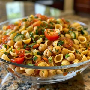 ['A vibrant chickpea pasta salad with creamy lemon tahini dressing showcasing colorful vegetables.', 'Close-up of a chickpea pasta salad featuring sliced cucumbers, cherry tomatoes, and creamy dressing.', 'An appetizing view of chickpea pasta salad garnished with fresh dill and drizzled with tahini sauce.', 'A side view of a delicious chickpea pasta salad, highlighting its creamy texture and bright ingredients.']