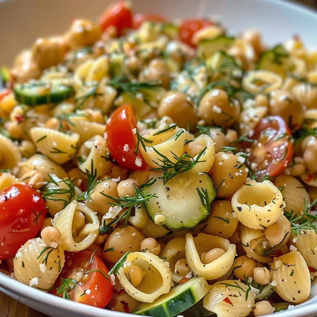 ['A vibrant chickpea pasta salad with creamy lemon tahini dressing showcasing colorful vegetables.', 'Close-up of a chickpea pasta salad featuring sliced cucumbers, cherry tomatoes, and creamy dressing.', 'An appetizing view of chickpea pasta salad garnished with fresh dill and drizzled with tahini sauce.', 'A side view of a delicious chickpea pasta salad, highlighting its creamy texture and bright ingredients.']