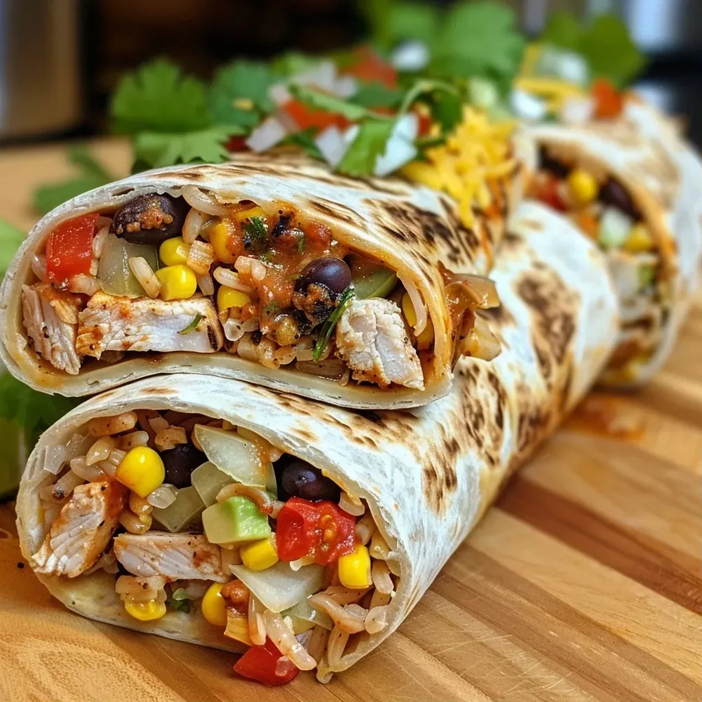 ['Close-up of a juicy Chipotle Ranch Grilled Chicken Burrito with visible layers of ingredients.', 'Side view of a filled burrito showcasing grilled chicken, beans, and fresh vegetables.', 'Detailed image of a Chipotle Ranch Grilled Chicken Burrito with toppings peeking out.', 'Mouthwatering shot of a burrito, highlighting its ingredients like chicken and cheese.']