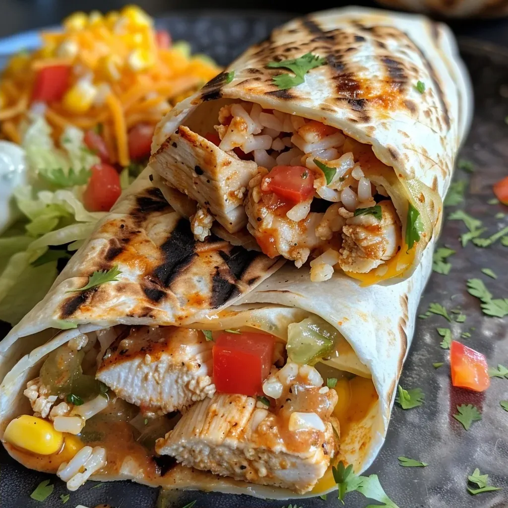 ['Close-up of a juicy Chipotle Ranch Grilled Chicken Burrito with visible layers of ingredients.', 'Side view of a filled burrito showcasing grilled chicken, beans, and fresh vegetables.', 'Detailed image of a Chipotle Ranch Grilled Chicken Burrito with toppings peeking out.', 'Mouthwatering shot of a burrito, highlighting its ingredients like chicken and cheese.']