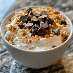 ['Close-up view of a Choco-Coconut Yogurt Delight topped with granola, coconut flakes, and chocolate chips.', 'Side view of a creamy yogurt bowl featuring Dannon Oikos Coconut Vanilla Greek Yogurt, granola, and chocolate toppings.', 'Deliciously textured yogurt dessert showing layers of coconut flakes and chocolate chips in a bowl.', 'Detailed image of Choco-Coconut Yogurt Delight with visible granola and coconut flakes on top.']