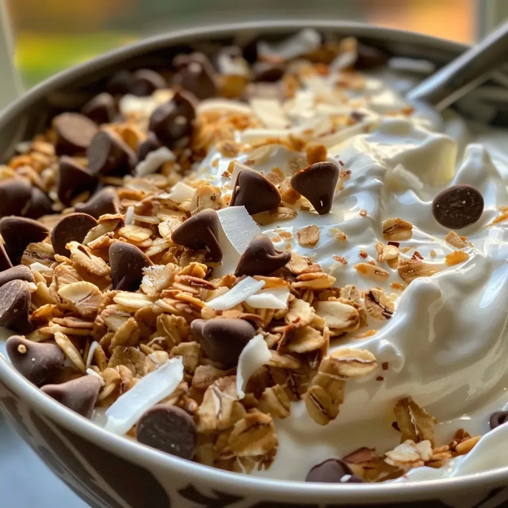['Close-up view of a Choco-Coconut Yogurt Delight topped with granola, coconut flakes, and chocolate chips.', 'Side view of a creamy yogurt bowl featuring Dannon Oikos Coconut Vanilla Greek Yogurt, granola, and chocolate toppings.', 'Deliciously textured yogurt dessert showing layers of coconut flakes and chocolate chips in a bowl.', 'Detailed image of Choco-Coconut Yogurt Delight with visible granola and coconut flakes on top.']