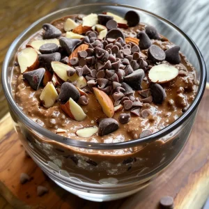 ['A close-up side view of a Chocolate Almond Parfait featuring layers of chocolate and cottage cheese topped with slivered almonds and dark chocolate chips.', 'Side view of a Chocolate Almond Parfait in a clear glass, showcasing creamy layers of chocolate and almond garnishes.', 'Close side view of a delectable Chocolate Almond Parfait with visible layers and toppings of slivered almonds and dark chocolate.', 'A detailed side view of a Chocolate Almond Parfait, highlighting rich chocolate protein powder and almond toppings in a glass.']