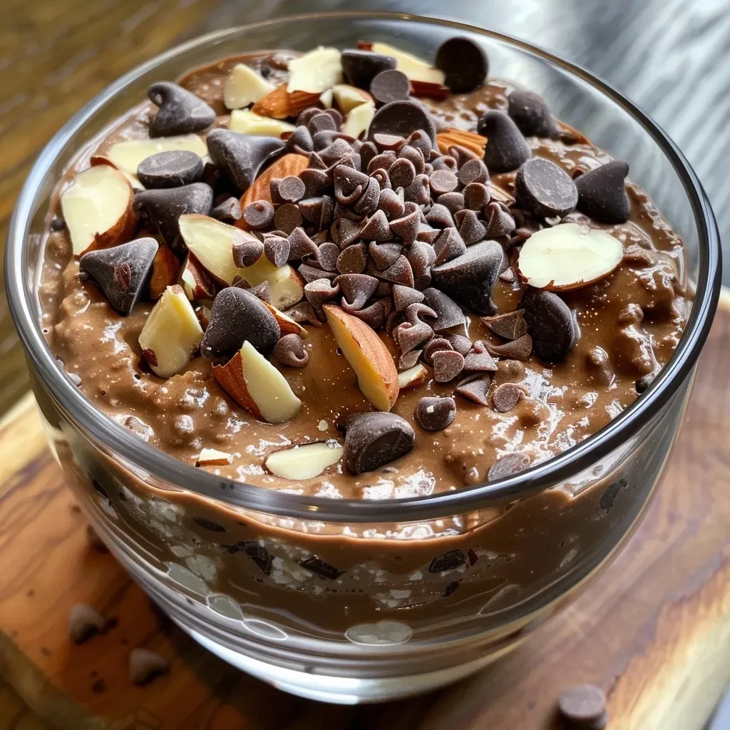 ['A close-up side view of a Chocolate Almond Parfait featuring layers of chocolate and cottage cheese topped with slivered almonds and dark chocolate chips.', 'Side view of a Chocolate Almond Parfait in a clear glass, showcasing creamy layers of chocolate and almond garnishes.', 'Close side view of a delectable Chocolate Almond Parfait with visible layers and toppings of slivered almonds and dark chocolate.', 'A detailed side view of a Chocolate Almond Parfait, highlighting rich chocolate protein powder and almond toppings in a glass.']