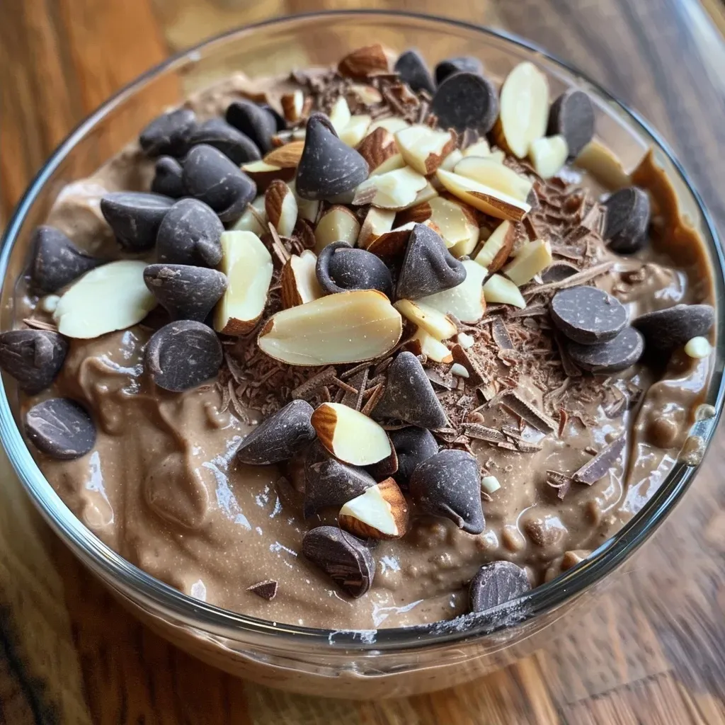 ['A close-up side view of a Chocolate Almond Parfait featuring layers of chocolate and cottage cheese topped with slivered almonds and dark chocolate chips.', 'Side view of a Chocolate Almond Parfait in a clear glass, showcasing creamy layers of chocolate and almond garnishes.', 'Close side view of a delectable Chocolate Almond Parfait with visible layers and toppings of slivered almonds and dark chocolate.', 'A detailed side view of a Chocolate Almond Parfait, highlighting rich chocolate protein powder and almond toppings in a glass.']