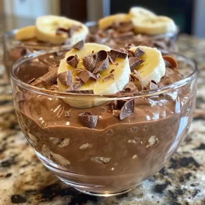 ['Close-up of a creamy Chocolate Banana Cottage Mousse topped with banana slices and chocolate shavings.', 'A side view of a rich chocolate mousse made with cottage cheese and ripe bananas, elegantly presented.', 'A decadent Chocolate Banana Cottage Mousse in a glass bowl, showcasing its smooth texture and toppings.', 'Delicious Chocolate Banana Cottage Mousse with banana and chocolate toppings, capturing its inviting allure.']