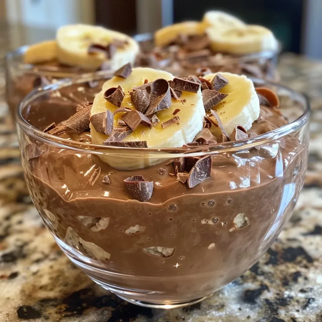 ['Close-up of a creamy Chocolate Banana Cottage Mousse topped with banana slices and chocolate shavings.', 'A side view of a rich chocolate mousse made with cottage cheese and ripe bananas, elegantly presented.', 'A decadent Chocolate Banana Cottage Mousse in a glass bowl, showcasing its smooth texture and toppings.', 'Delicious Chocolate Banana Cottage Mousse with banana and chocolate toppings, capturing its inviting allure.']