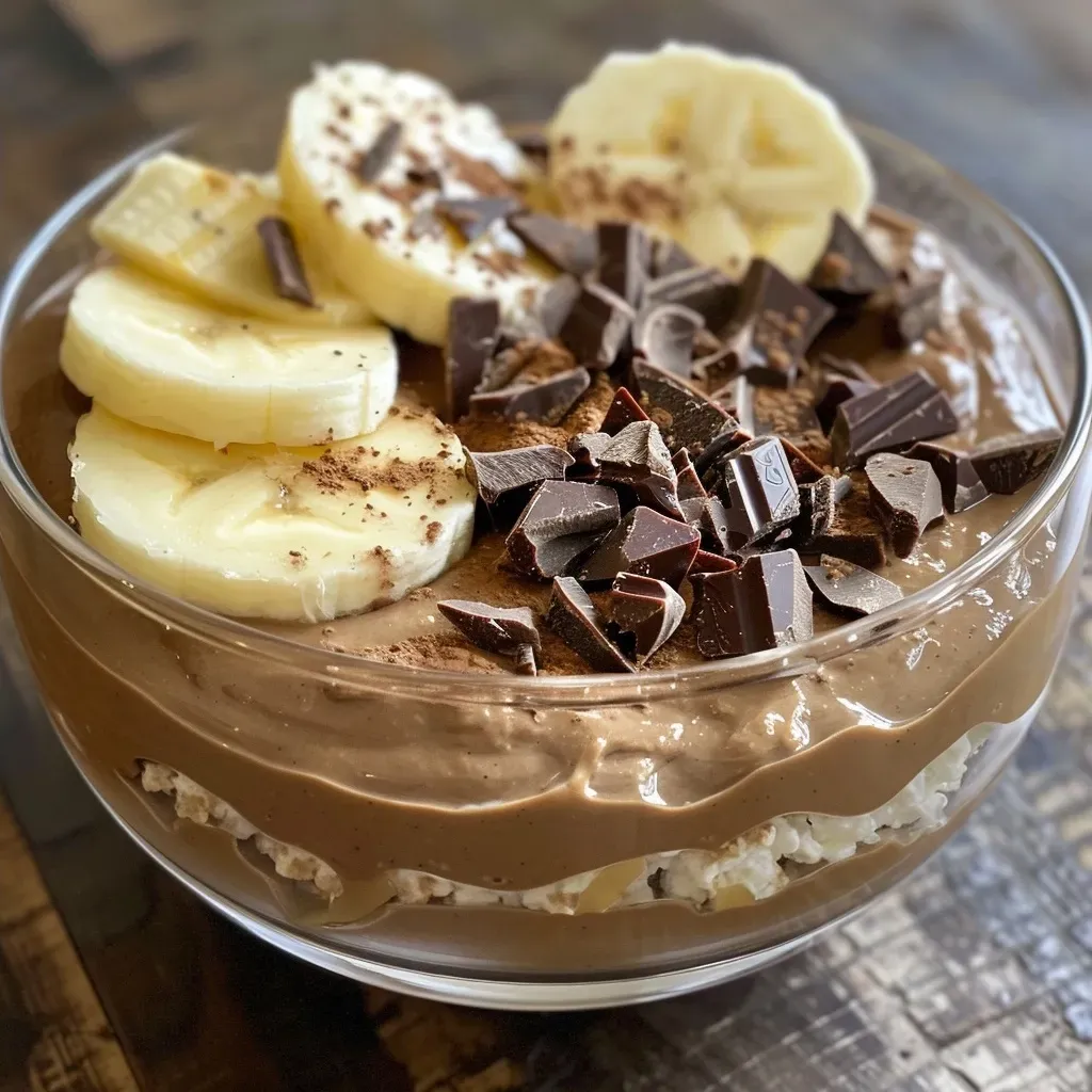 ['Close-up of a creamy Chocolate Banana Cottage Mousse topped with banana slices and chocolate shavings.', 'A side view of a rich chocolate mousse made with cottage cheese and ripe bananas, elegantly presented.', 'A decadent Chocolate Banana Cottage Mousse in a glass bowl, showcasing its smooth texture and toppings.', 'Delicious Chocolate Banana Cottage Mousse with banana and chocolate toppings, capturing its inviting allure.']