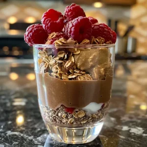 ['A close-up view of a Chocolate Chia Crunch Granola parfait layered with coconut yogurt and fresh raspberries.', 'Side view of a decadent parfait featuring chocolate granola, creamy coconut yogurt, and vibrant raspberries.', 'A colorful dessert showing layers of chocolate granola, coconut yogurt, and juicy raspberries in a glass.', 'Close-up image of a delicious Chocolate Chia Crunch Granola parfait topped with fresh raspberries.']