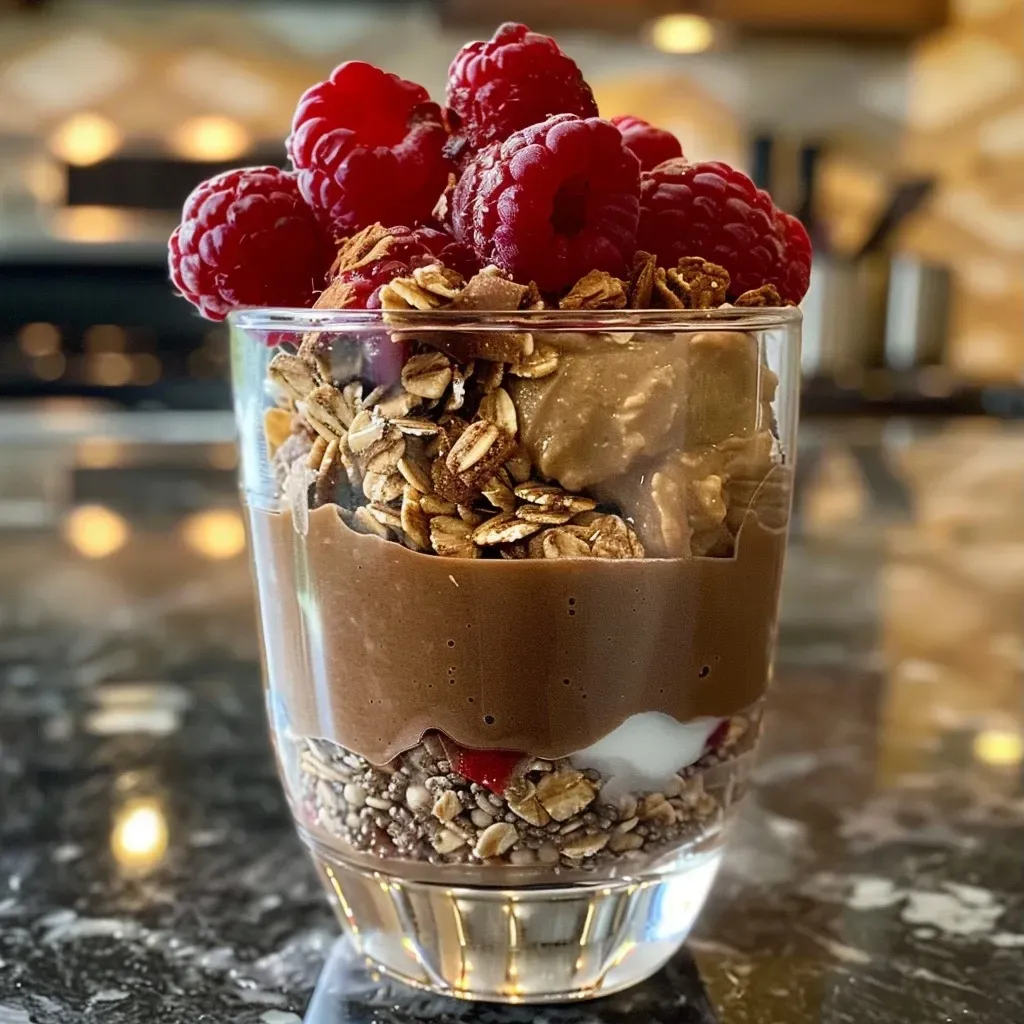 ['A close-up view of a Chocolate Chia Crunch Granola parfait layered with coconut yogurt and fresh raspberries.', 'Side view of a decadent parfait featuring chocolate granola, creamy coconut yogurt, and vibrant raspberries.', 'A colorful dessert showing layers of chocolate granola, coconut yogurt, and juicy raspberries in a glass.', 'Close-up image of a delicious Chocolate Chia Crunch Granola parfait topped with fresh raspberries.']