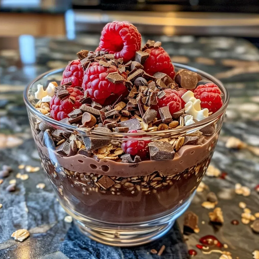 ['A close-up view of a Chocolate Chia Crunch Granola parfait layered with coconut yogurt and fresh raspberries.', 'Side view of a decadent parfait featuring chocolate granola, creamy coconut yogurt, and vibrant raspberries.', 'A colorful dessert showing layers of chocolate granola, coconut yogurt, and juicy raspberries in a glass.', 'Close-up image of a delicious Chocolate Chia Crunch Granola parfait topped with fresh raspberries.']