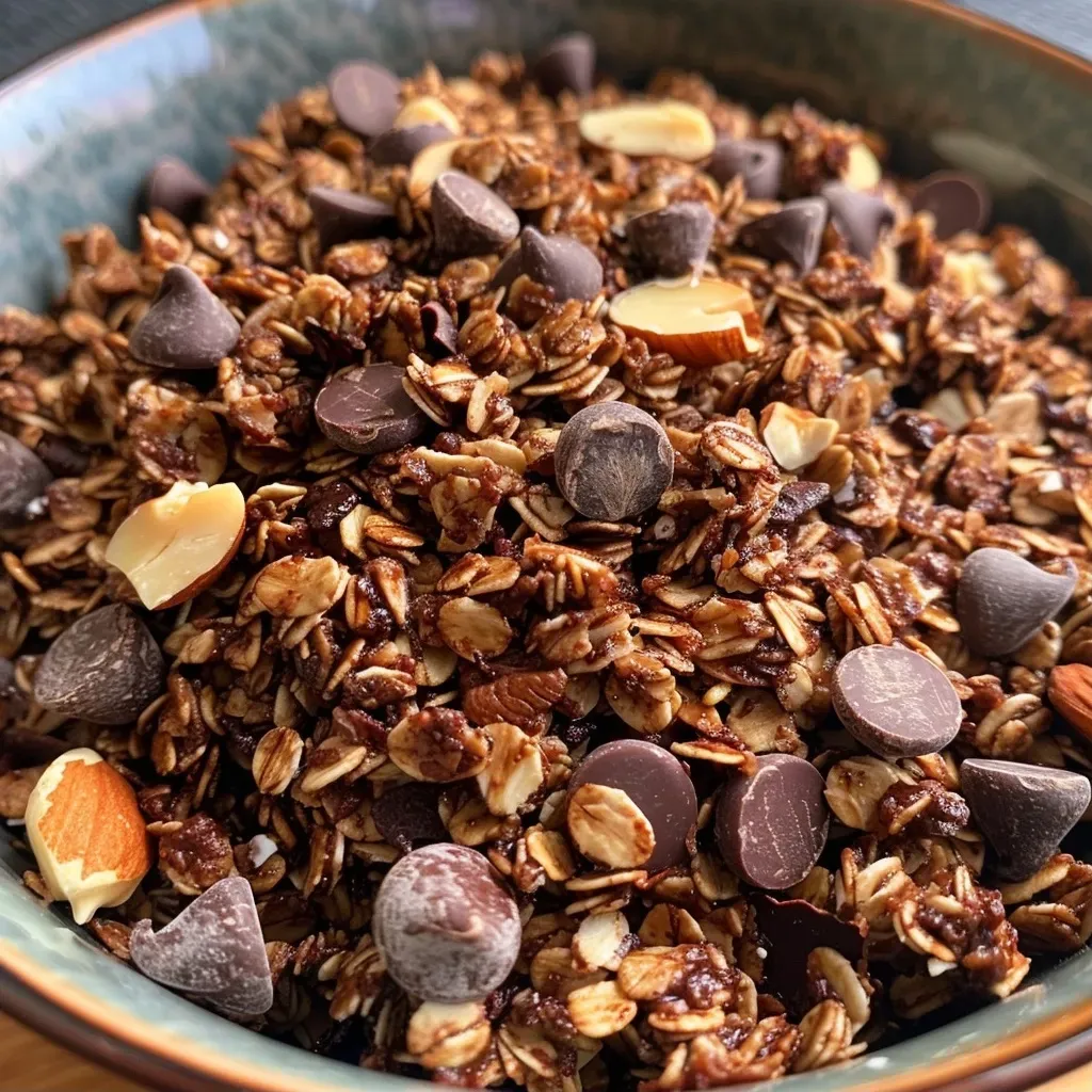 ['Close-up view of crunchy Chocolate Hazelnut Granola scattered on a wooden surface.', 'A side view of a bowl filled with Chocolate Hazelnut Granola, highlighting its rich textures.', 'A delicious heap of Chocolate Hazelnut Granola with visible chunks of hazelnuts and chocolate chips.', 'Detailed close-up of Chocolate Hazelnut Granola showcasing its glossy appearance and rich colors.']