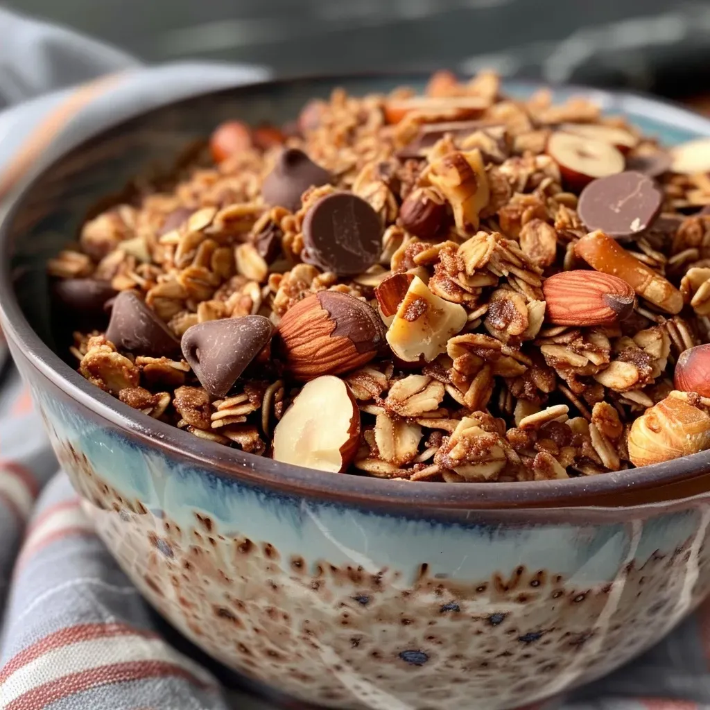 ['Close-up view of crunchy Chocolate Hazelnut Granola scattered on a wooden surface.', 'A side view of a bowl filled with Chocolate Hazelnut Granola, highlighting its rich textures.', 'A delicious heap of Chocolate Hazelnut Granola with visible chunks of hazelnuts and chocolate chips.', 'Detailed close-up of Chocolate Hazelnut Granola showcasing its glossy appearance and rich colors.']