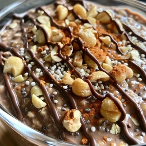 ['Close-up of creamy chocolate hazelnut overnight oats decorated with chopped hazelnuts.', 'Side view of a jar filled with chocolate hazelnut overnight oats topped with chia seeds and nuts.', 'Delicious vegan overnight oats in a glass jar, showcasing rich chocolate and hazelnut textures.', 'A vibrant image of chocolate hazelnut overnight oats with a spoon, highlighting its creamy consistency.']