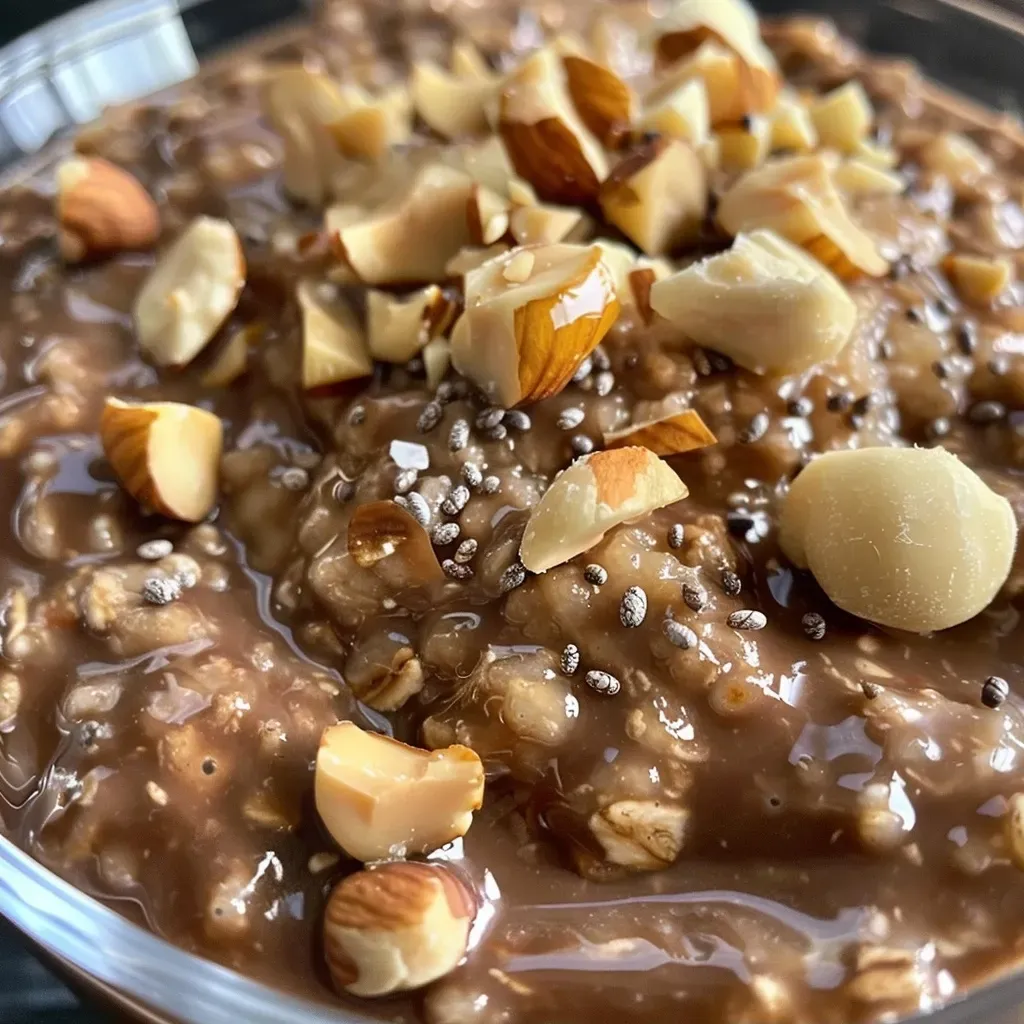 ['Close-up of creamy chocolate hazelnut overnight oats decorated with chopped hazelnuts.', 'Side view of a jar filled with chocolate hazelnut overnight oats topped with chia seeds and nuts.', 'Delicious vegan overnight oats in a glass jar, showcasing rich chocolate and hazelnut textures.', 'A vibrant image of chocolate hazelnut overnight oats with a spoon, highlighting its creamy consistency.']