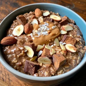 ['Close-up view of creamy chocolate oatmeal in a bowl, topped with almond butter.', 'Rich chocolate oatmeal with a smooth texture, displayed in a rustic bowl.', 'Side view of a delicious bowl of chocolate oatmeal sprinkled with cocoa powder.', 'Gourmet chocolate oatmeal served in a bowl, featuring a glossy finish.']