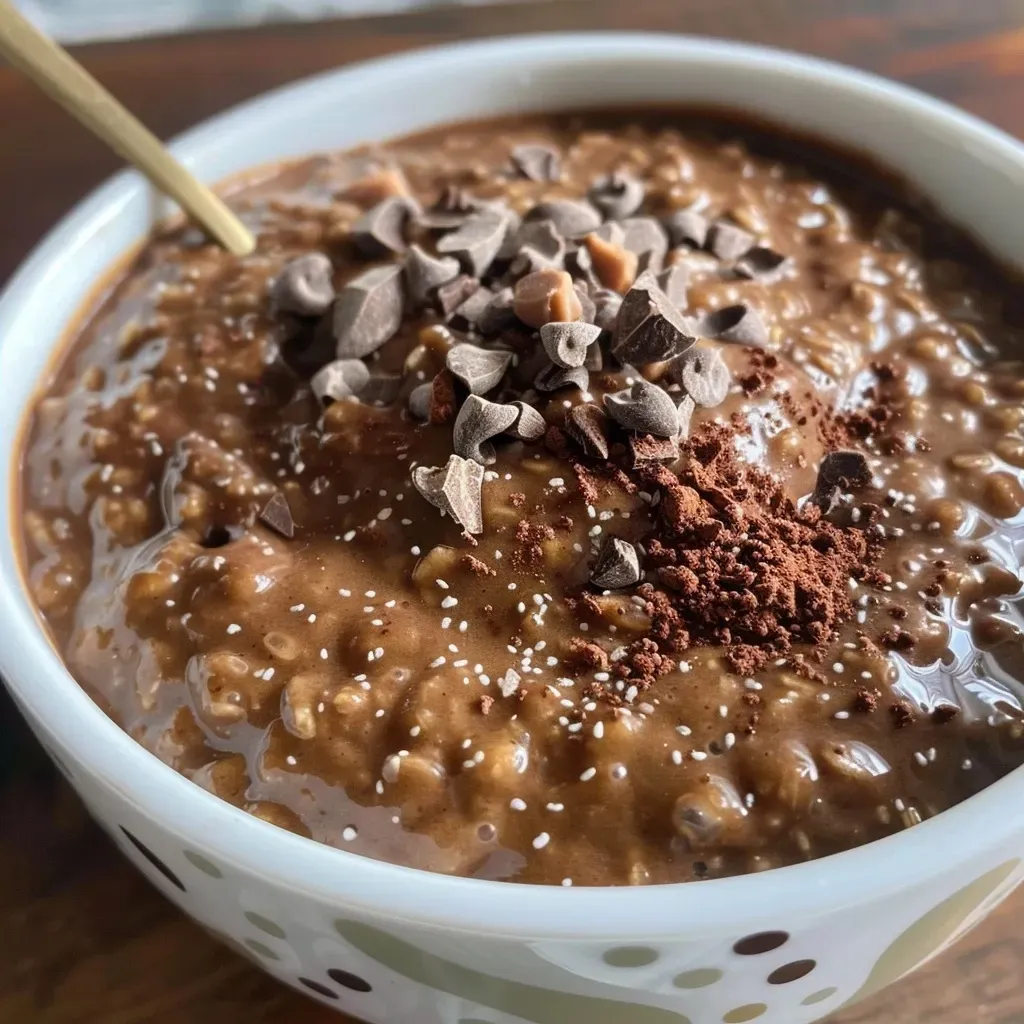 ['Close-up view of creamy chocolate oatmeal in a bowl, topped with almond butter.', 'Rich chocolate oatmeal with a smooth texture, displayed in a rustic bowl.', 'Side view of a delicious bowl of chocolate oatmeal sprinkled with cocoa powder.', 'Gourmet chocolate oatmeal served in a bowl, featuring a glossy finish.']