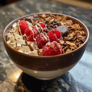 ['Close-up view of a Chocolate Yogurt Parfait layered with granola and raspberries.', 'Side view of a Chocolate Yogurt Parfait featuring Greek yogurt and chocolate chips.', 'Juicy Chocolate Yogurt Parfait displayed in a glass with layers of ingredients.', 'Rich and delicious Chocolate Yogurt Parfait topped with fresh berries and granola.']