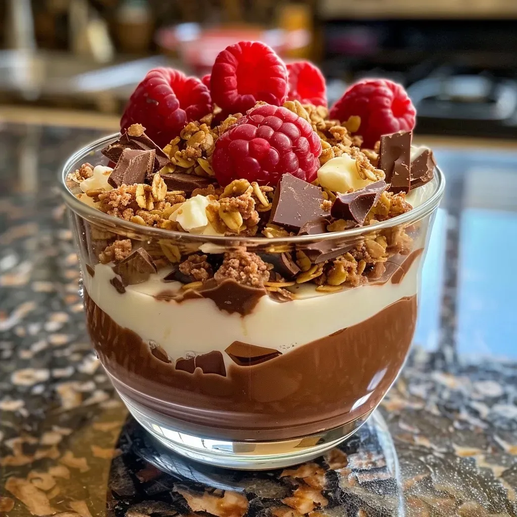 ['Close-up view of a Chocolate Yogurt Parfait layered with granola and raspberries.', 'Side view of a Chocolate Yogurt Parfait featuring Greek yogurt and chocolate chips.', 'Juicy Chocolate Yogurt Parfait displayed in a glass with layers of ingredients.', 'Rich and delicious Chocolate Yogurt Parfait topped with fresh berries and granola.']