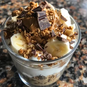 Close-up view of a layered Chunky Monkey Dairy Free Yogurt Parfait.