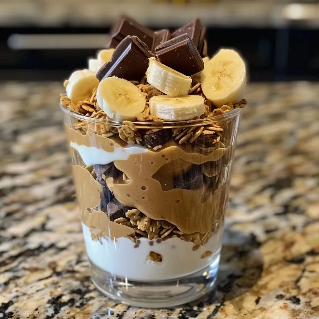 Close-up view of a layered Chunky Monkey Dairy Free Yogurt Parfait.