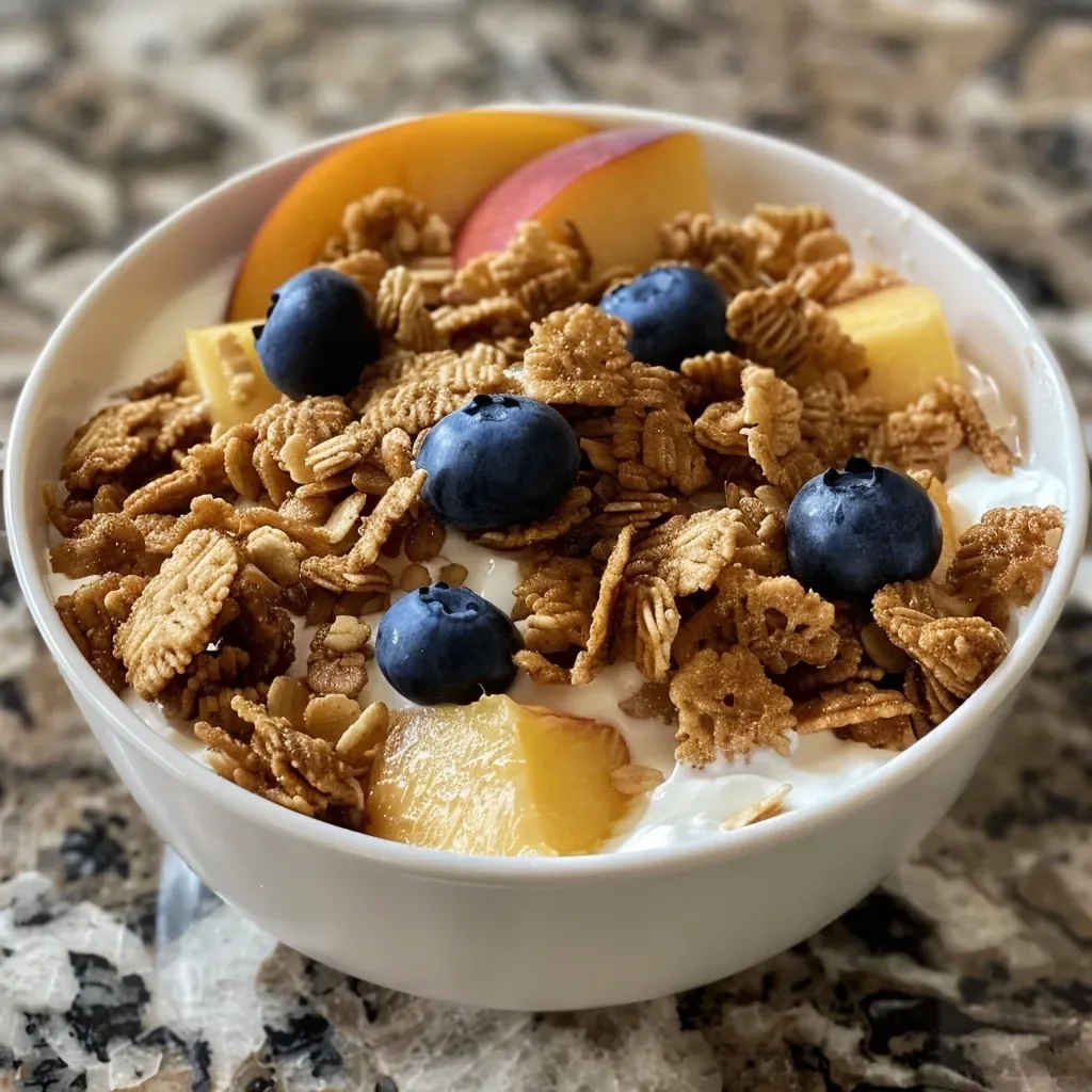 ['Close-up view of a Cinnamon Peach Crunch Yogurt Cup with fresh peach and blueberry toppings.', 'Side view of a creamy yogurt cup featuring diced peaches and Cinnamon Toast Crunch cereal.', 'A vibrant yogurt cup filled with peach yogurt, fresh fruit, and a crunchy topping.', 'Delicious Cinnamon Peach Crunch Yogurt Cup showcasing peaches and blueberries on top.']